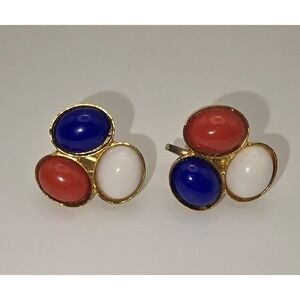 Vintage Red White Blue Enamel Gold Tone Clip On Earrings Retro USA -3273
